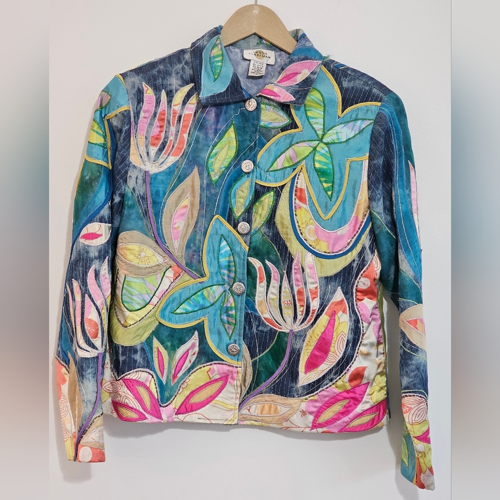 Sandy Starkman Jacket Womens M Colorful Watercolor Abstract Floral Embroidered